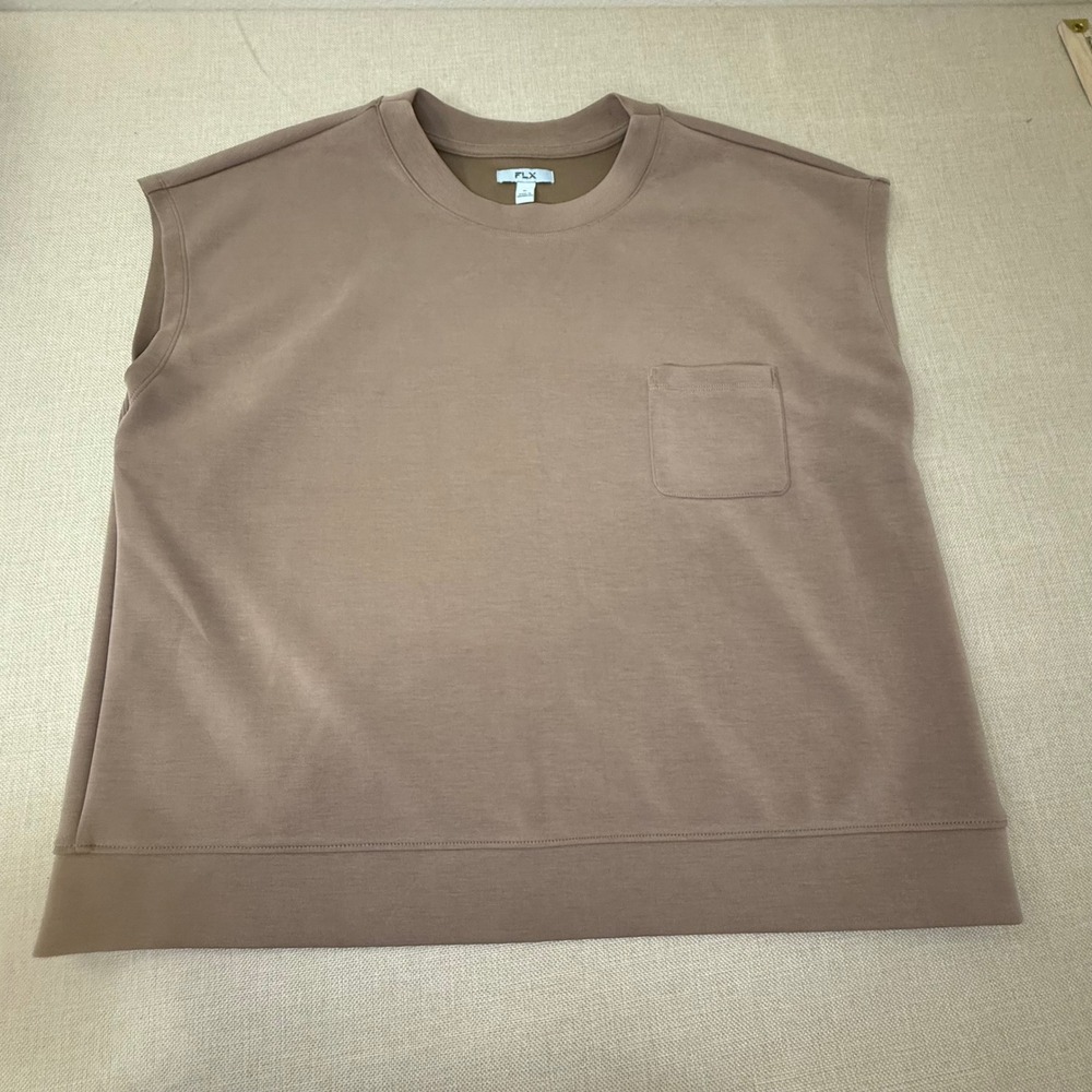 FLX Womens XL Sleeveless Crewneck Pocket Top Tan Brown 79800 Relaxed Fit Active